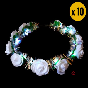 VINCHA CORONA FLORES BLANCAS LUMINOSO LED X 10